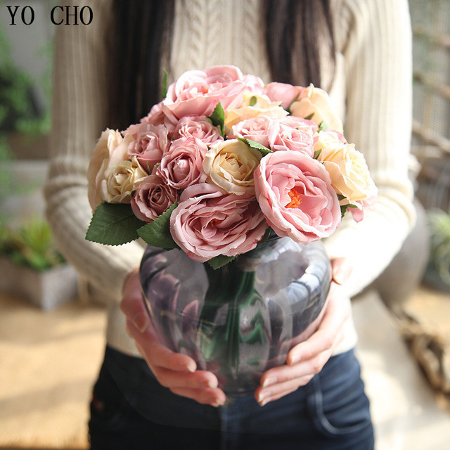 YO CHO 9 Heads Pink Peony Artificial Flowers Bunch Silk Roses for